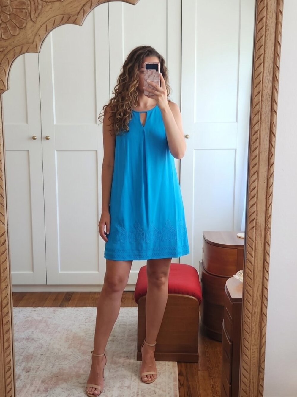 Preppy Crown & Ivy Bright Blue Sleeveless Dress Lined Paisley Embroidered Hem XS